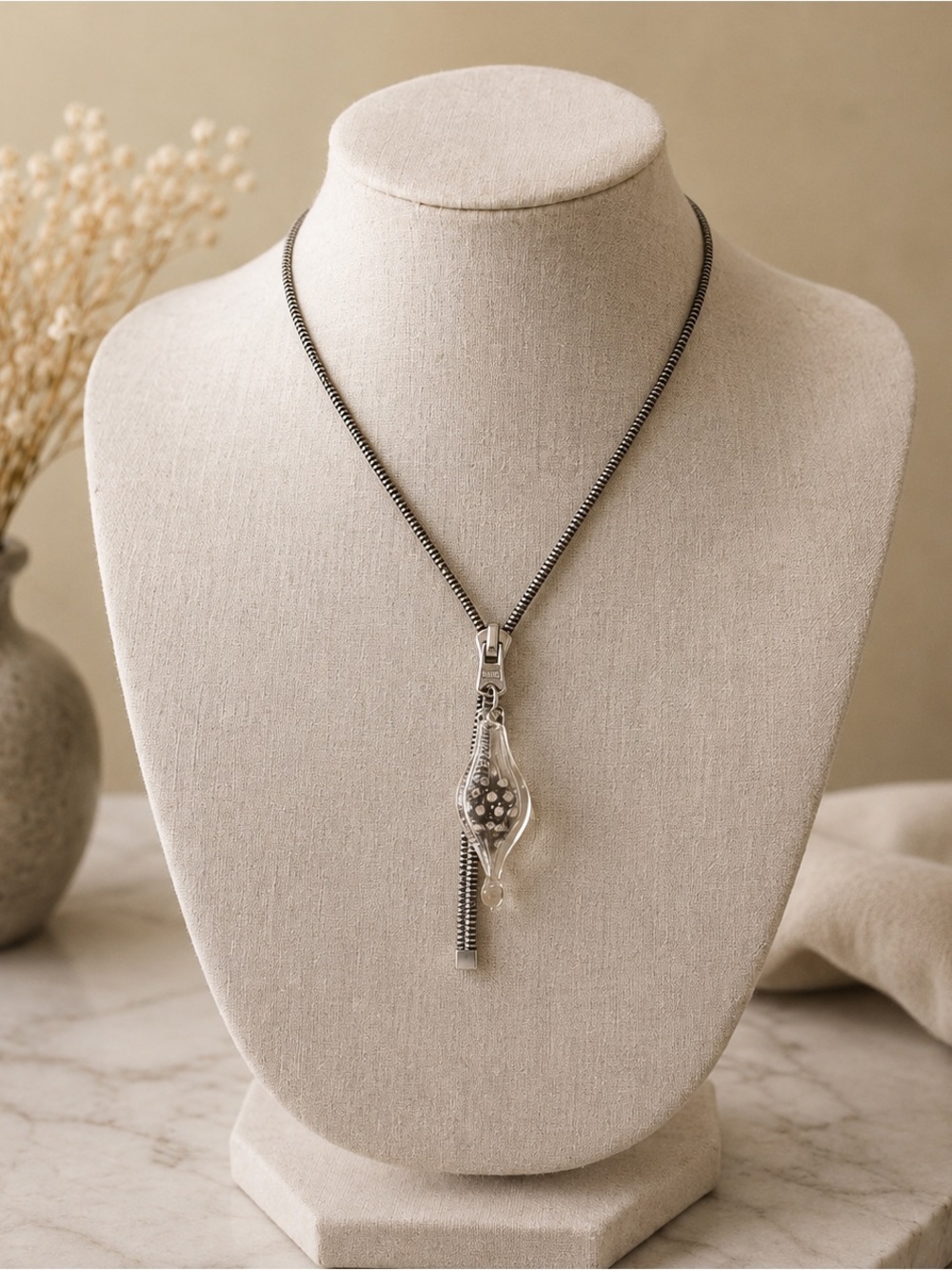 Vanessa Yanow Upcycled Zipper & Feather Statement Necklace